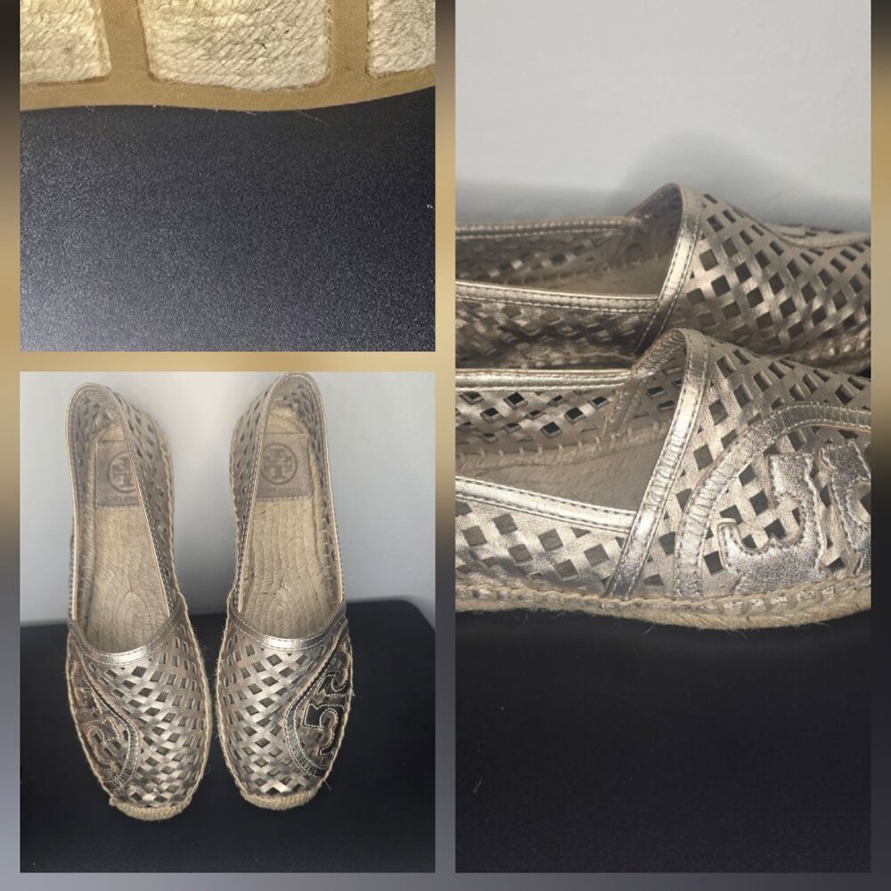 Tory Burch  size 7 Metallic Gold Logo Espadrilles Slip-On Flats